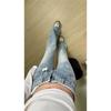 Women's Low Waist Lace Trim Light Blue Flare Jeans Distressed Slim Fit Denim Pants Streetwear Trousers