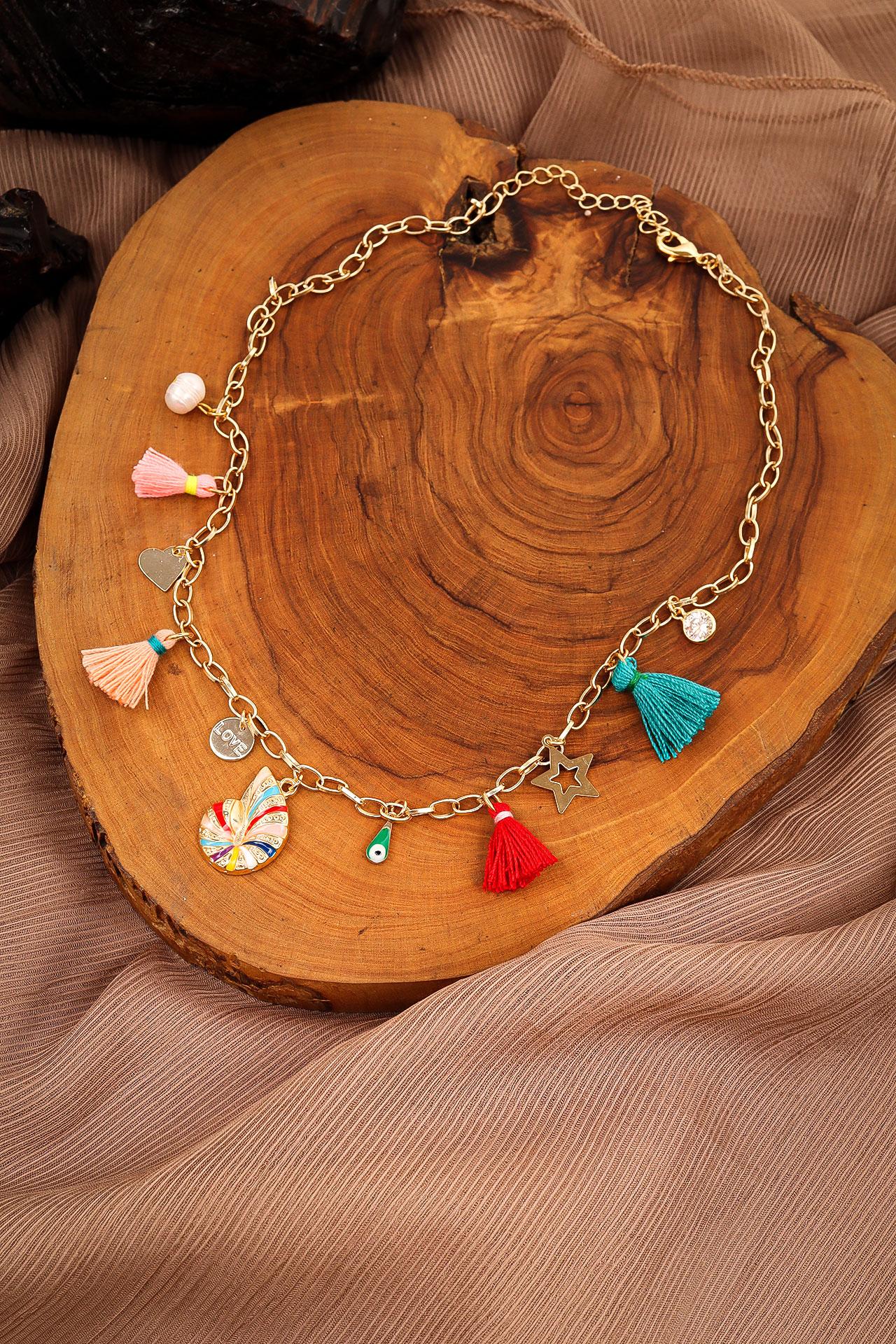 

Разноцветное колье с кисточками в виде улитки Madel