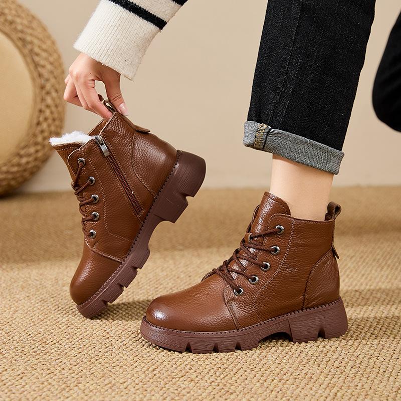 Women's large size soft elastic winter cowhide leather waterproof warm cold padded snow boots non-slip wear outdoor leisure sports Martin cotton boots
