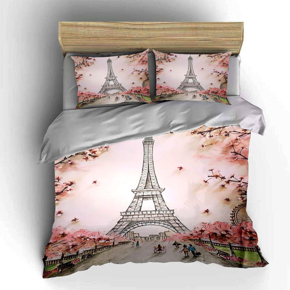 Eiffel Tower Floral Bedding Set Bedding Duvet Cover Set Duvet Cover Pillowcases (1 * Duvet Cover 2 * Pillowcases, without duvet insert)
