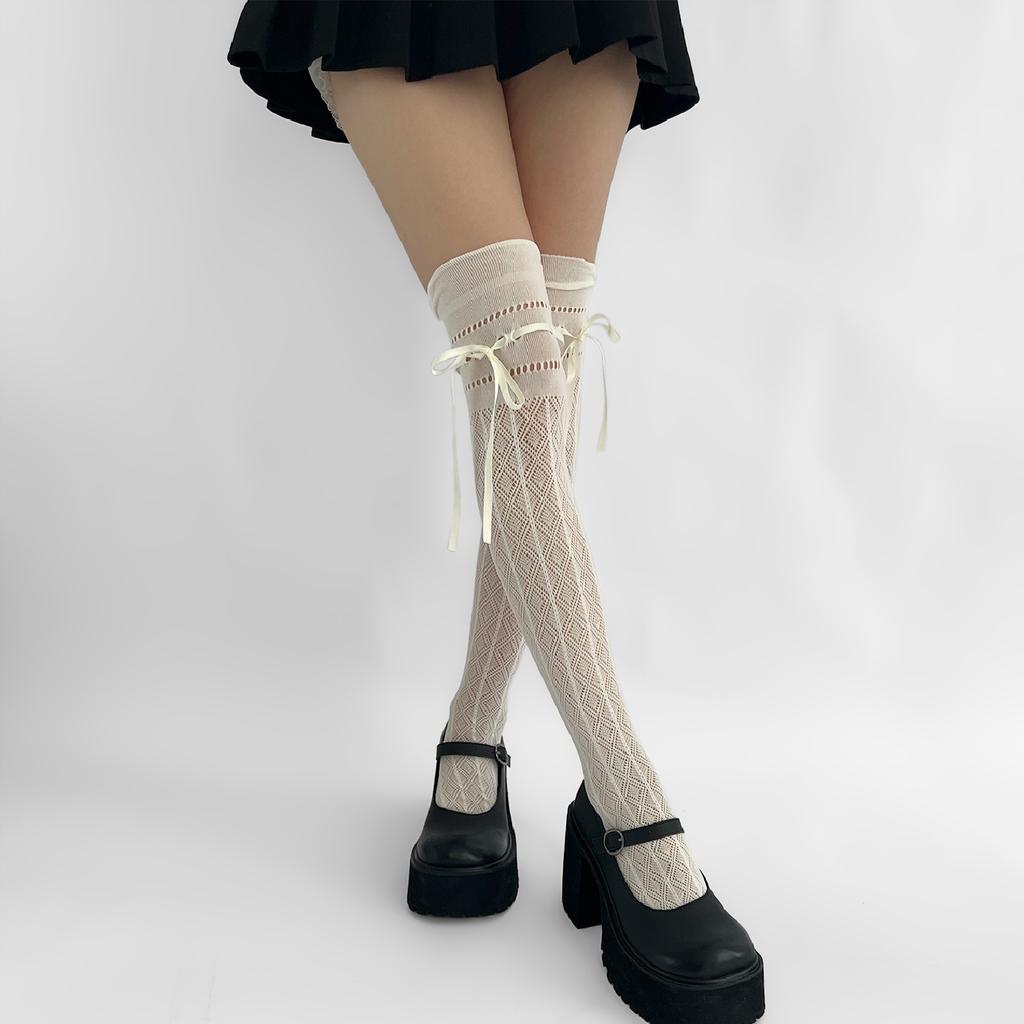 Spring And Autumn Maillard Straps Ultra-Thin Hollow Rhombus Mesh Socks Women'S Knee Socks Lace Spice Girls Stockings Pile Stockings