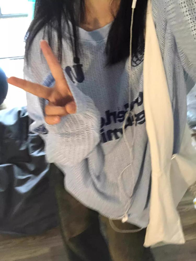 Осенняя мода Буквы Слегка прозрачные повседневные топы Новый дизайн Солнцезащитная одежда Женская эстетика Тонкие свободные пуловеры Харадзюк XL синий