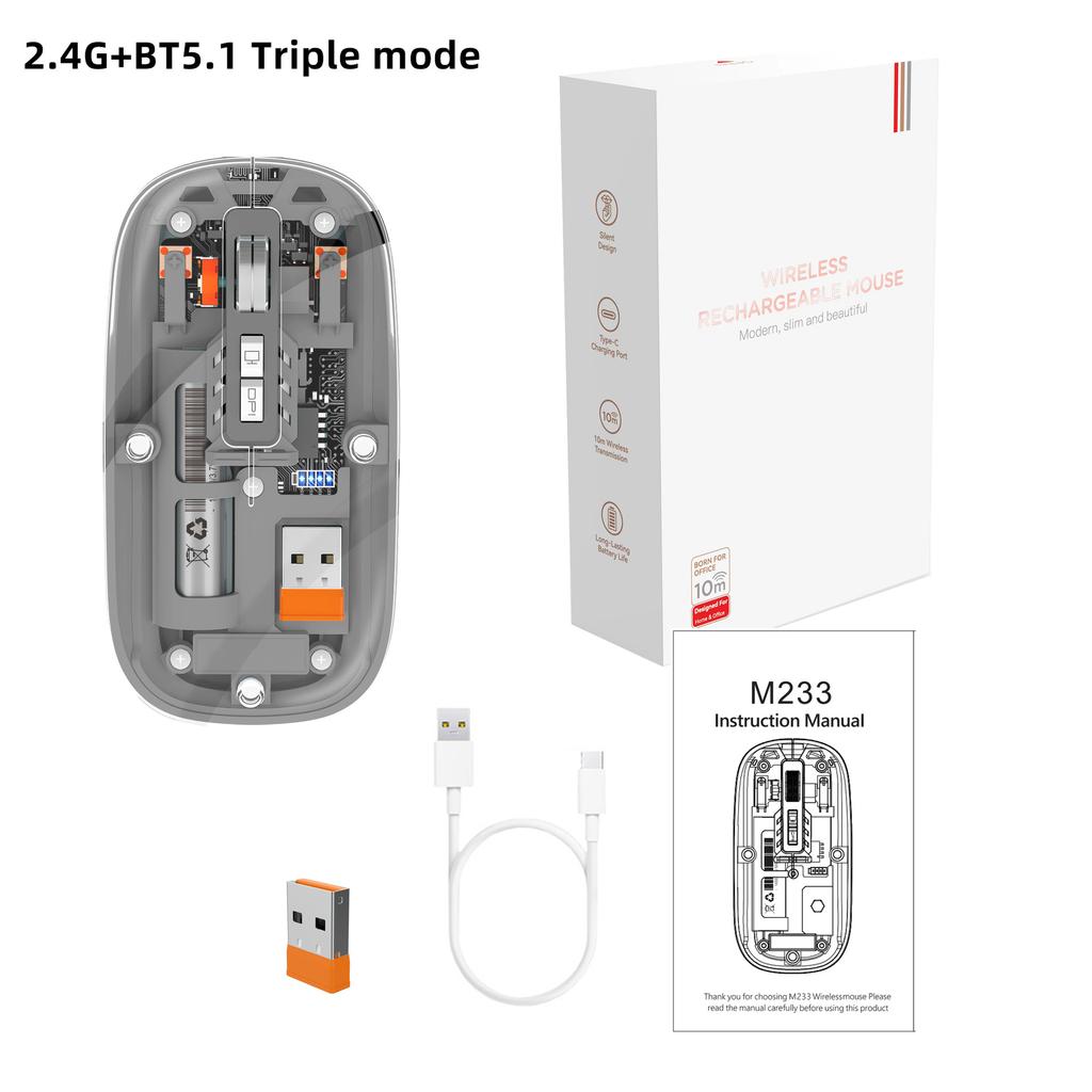 The Third Mock Examination Transparent Mouse 2.4G Wireless And BT5.1 Rechargeable Built-in 500mA Lithium Battery Mute