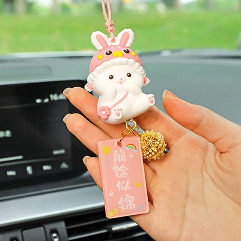 Cute Lucky Rabbit Car Pendant Amulet Blessing Rearview Mirror Hanging Alloy Key Bag Car Ornament Decor Couple Gift Xmas New Year
