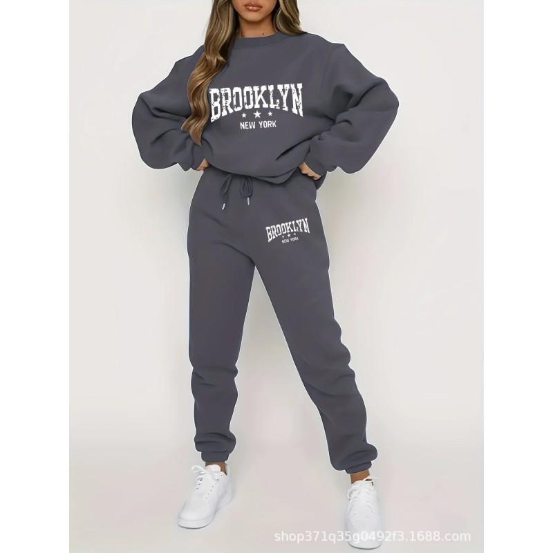 Womens Hooded Sweatshirt Set With Letter Print Long Sleeve Top Pants Streetwear Casual Tracksuit
