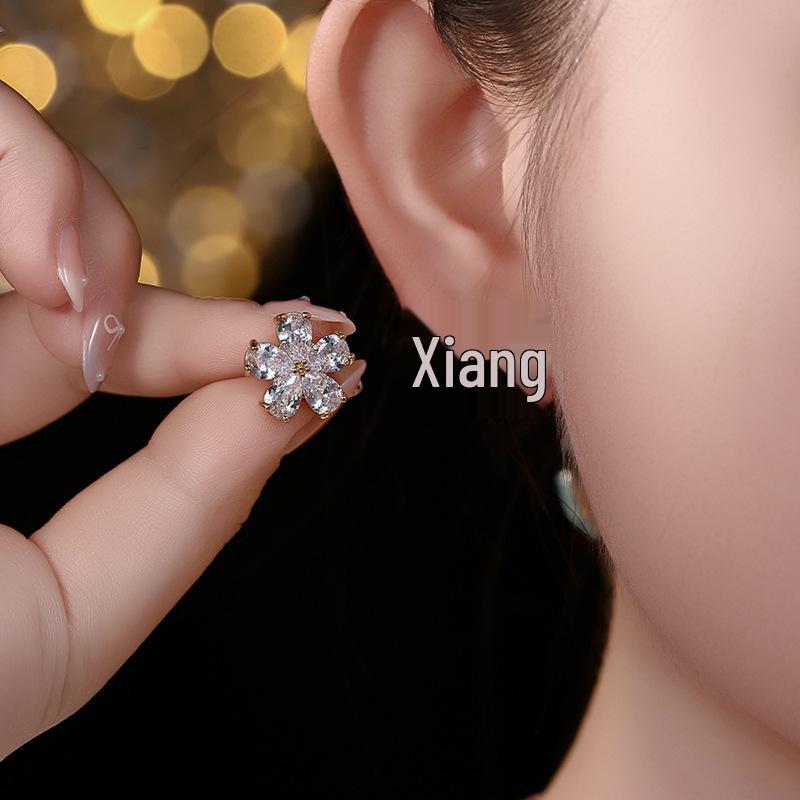 925 Silver Korean-Style Zircon Stud Earrings: Five-Petal Flower Design