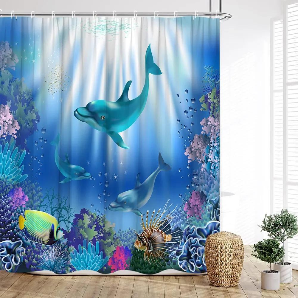 Ocean Animal Shower Curtain, Underwater Whale Coral Tropical Fish Wave Fish Blue Kids Boys Print Bathroom Decoration
