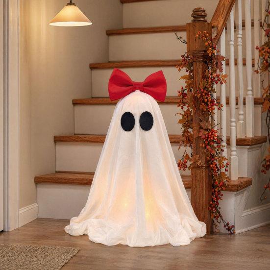 yangyizhi LED Ghost Decoration, Halloween Pink Bow Tabletop Ornament, Soft Fabric Haunted House Decor with Warm Glow for Home