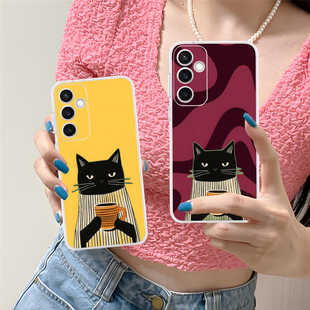 Cute Coffee Cat Clear Mobile Phone Case for Samsung Galaxy S25 S24 S23 S22 S21Plus FE Ultra Colorful Cover