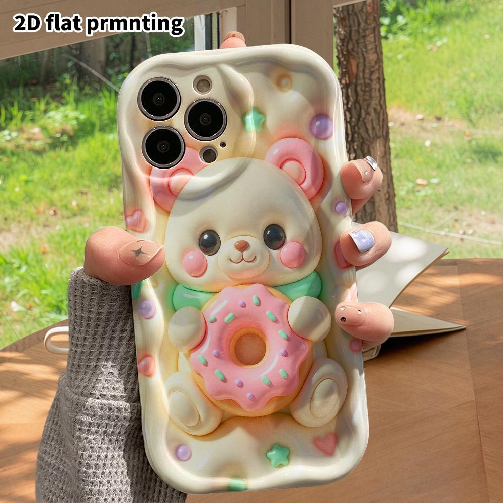 Phone Case: 2D flat design suitable for iPhone 18 17 16 15 14 13 Pro protective case, featuring a cute bear hugging a donut, perfect Christmas and Hal