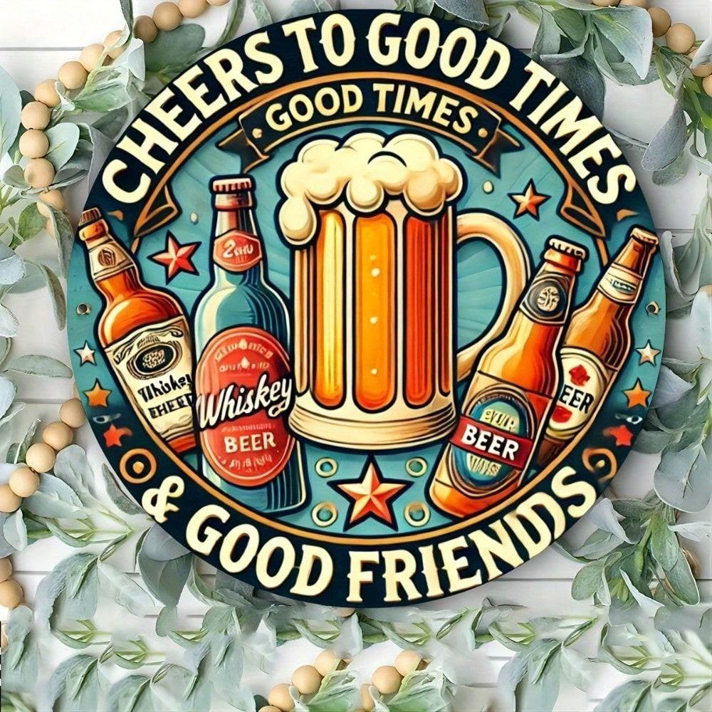 Vintage 8x8 Inch Metal Poster Cheers to Good Times Sign for Bar Wall Decor