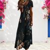Women Plus Size V Neck Short Sleeve Floral Printed Navy Blue Long Straight Dress