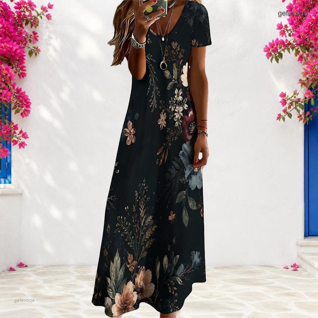 Women Plus Size V Neck Short Sleeve Floral Printed Navy Blue Long Straight Dress