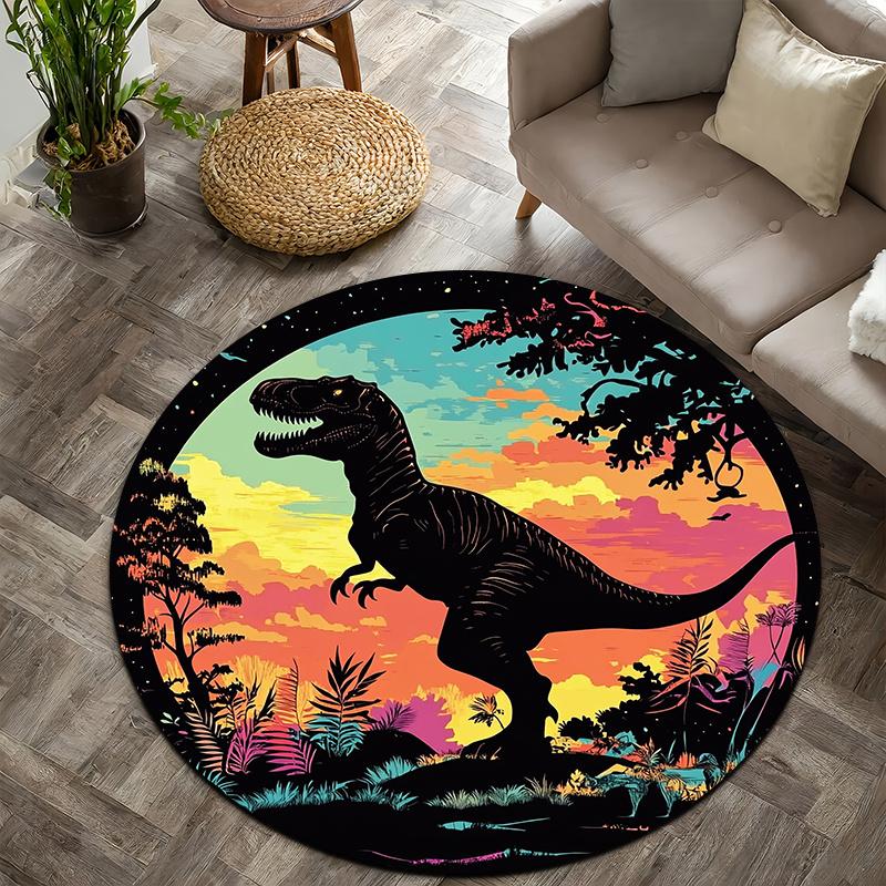 Neon Prehistoric Dinosaurs Flannel-printed Round Floor Mats Are Slip-resistant Suitable for Room Bedroom Terrace Garden Carpets