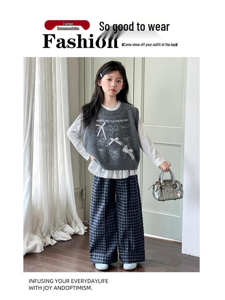 2025 Girls' Sweater Vest & Jeans Set - Spring/Autumn Knitwear for Big Girls and Middle School Students