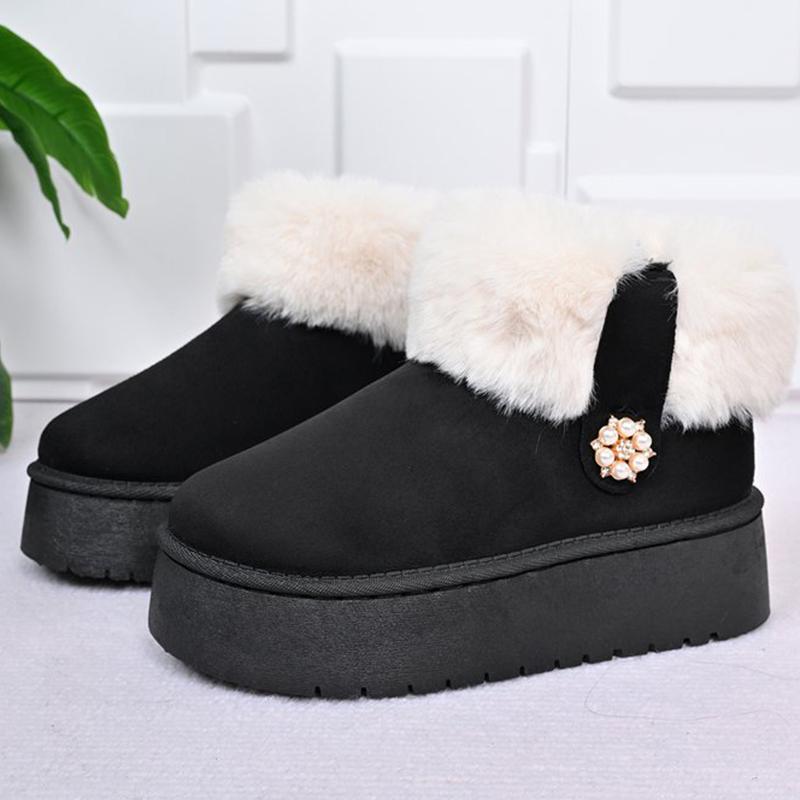 Fashion Black Faux Fur Warm Snow Boots for Women Round Toe Platform Snow Boots Woman Winter Pearls Decoration Ankle Booties Mujer
