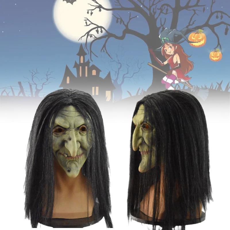 Classic Evil Witch Latex Mask For Halloween Party Costume With Scary Black Hair