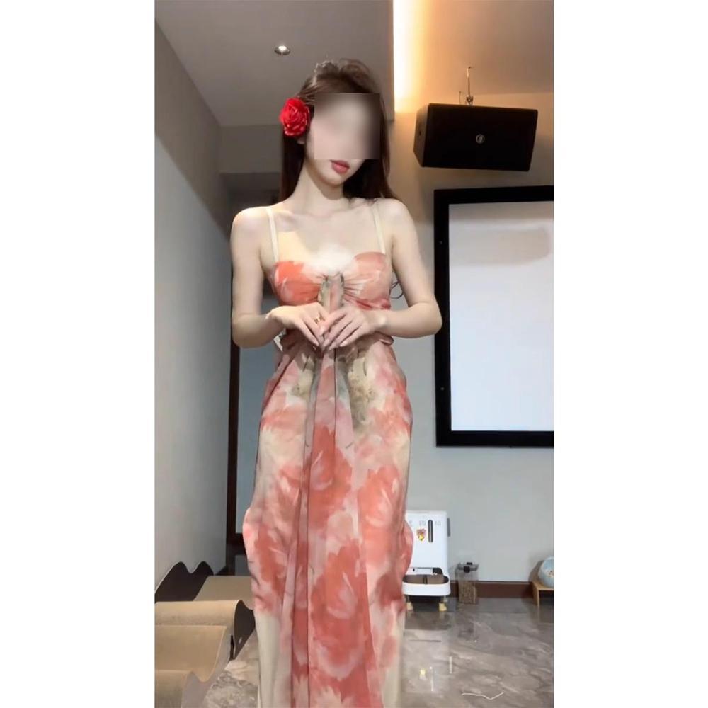 Retro Batik Plissee Trägerkleid Damen Sommer Strand Meer Urlaub Langes Kleid Temperament Ärmellos Lockerer Rock