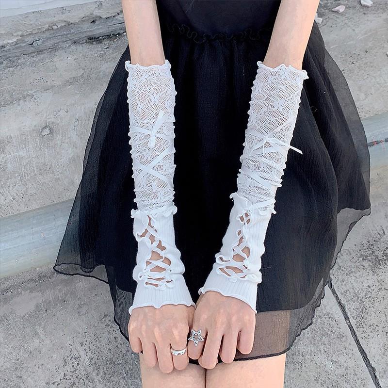 Lolita lace bow hand sleeve women's Japanese splicing ballet style ribbon strap sleeve cos sweet cool gloves
