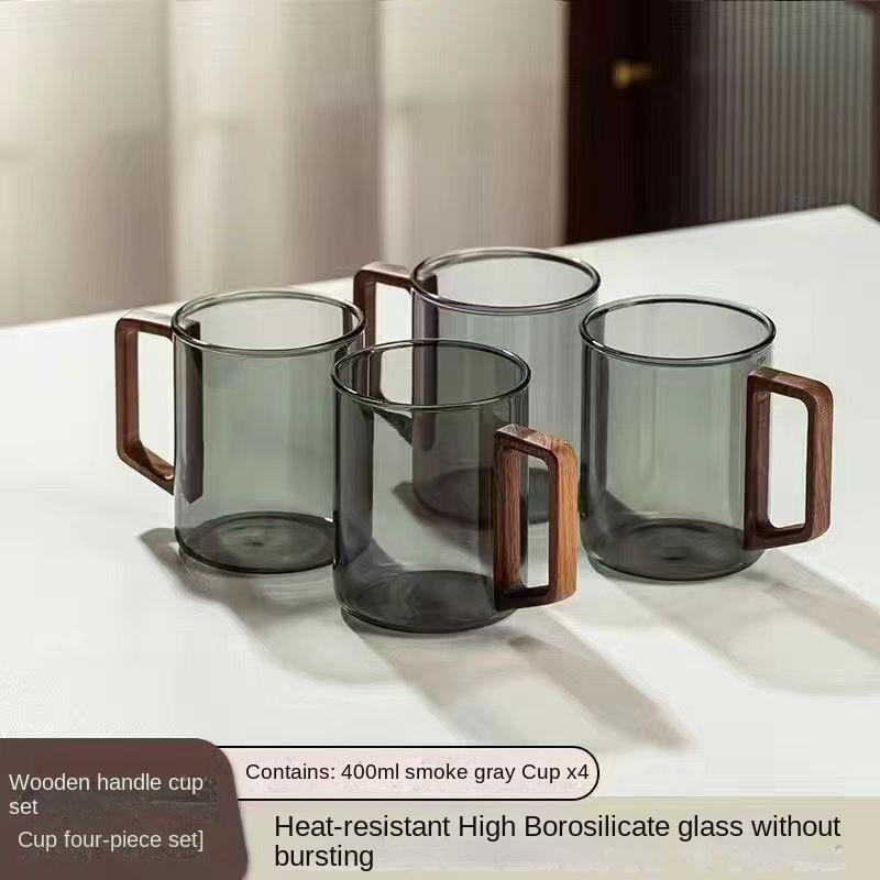 Szklany kubek do kawy z drewnianym uchwytem, odporny na ciepło, o dużej pojemności, zestaw filiżanek do picia wody i herbaty 400 ml