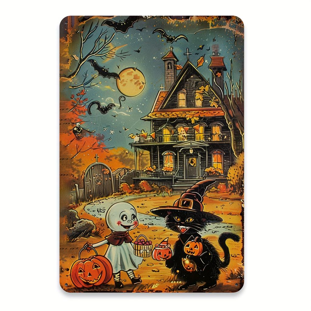 Vintage Halloween Pumpkin Ghost And Cat Metal Sign Wall Decor Humorous Iron Art for Cafes Restaurants Homes Garages