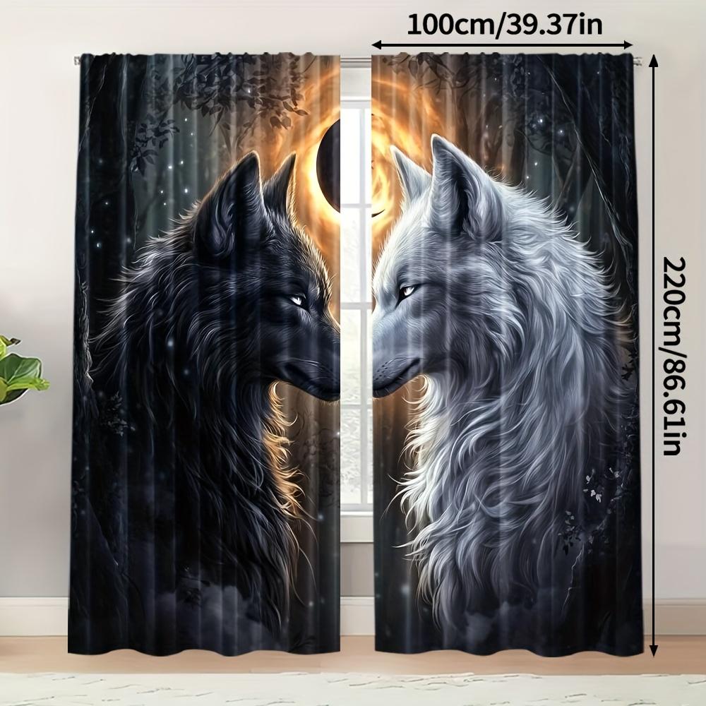 2pcs Thermal Insulating Blackout Curtains - Wolf Design Window Drapes with Dark Background, Light Blocking & Energy Efficient Wi