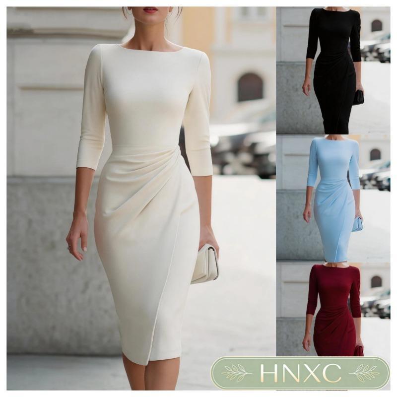 HNXC Women's Fashion Summer Spring O-Neck 3/4 Sleeves Solid Color Print Casual Dresses Classic Exquisite