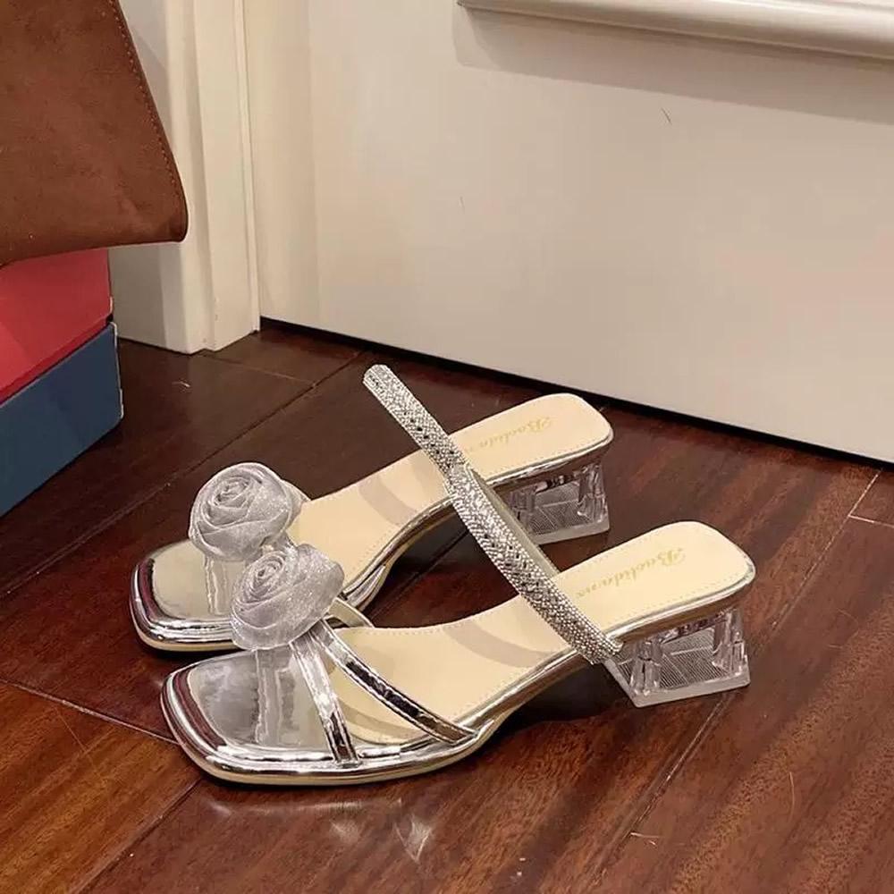 Summer Floral Crystal Rhinestone Square Head Sandals Women's Outdoor Wear PU Material Korean Sle Anti-Slip mid Heel Slippers