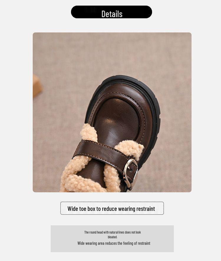 2025 Girls' Fleece-Lined Leather Loafers with Buckle, Thick-Soled Mary Janes, Brown