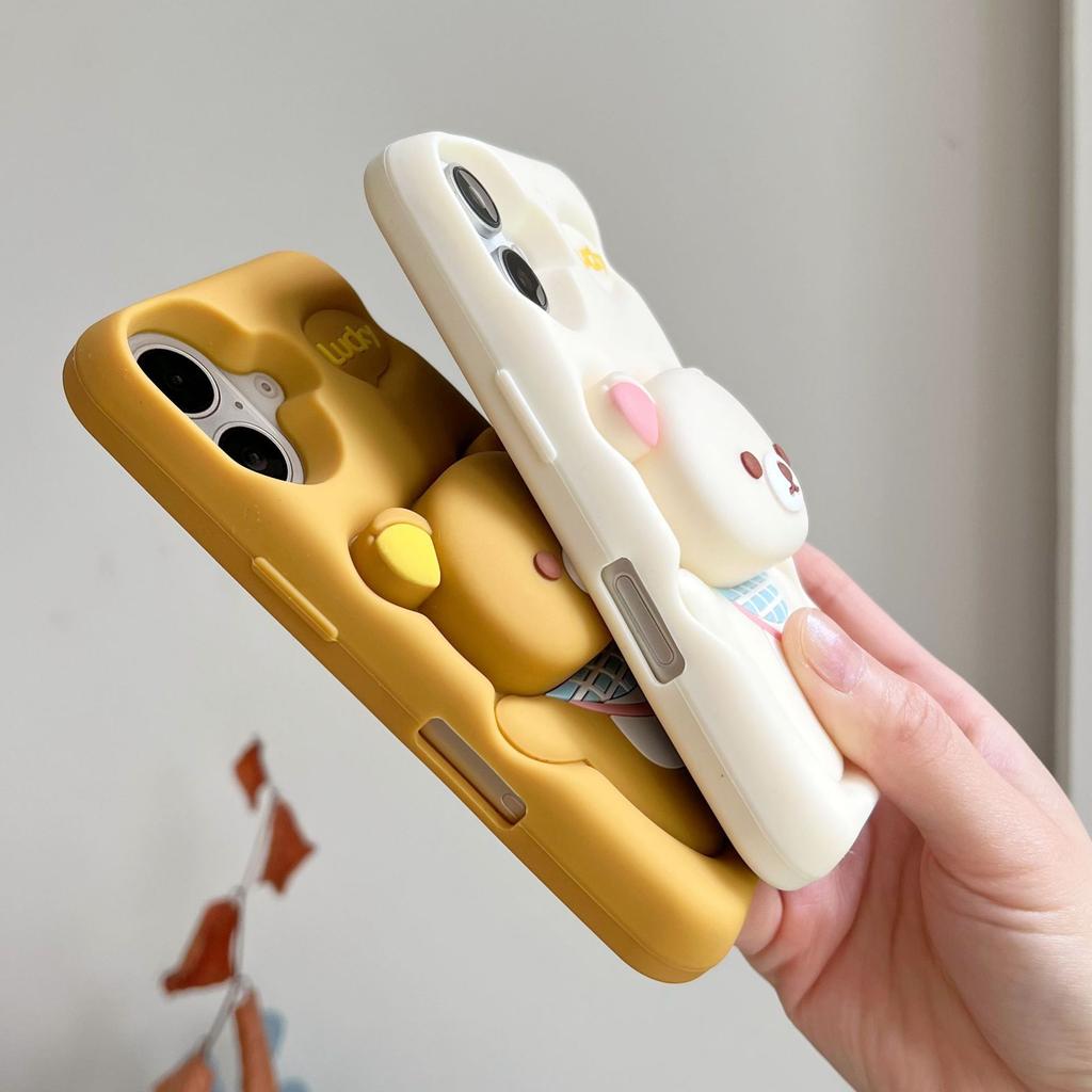 Applicable to iphone16 hot-selling cute cartoon bracket 3D three-dimensional silicone easy backpack bear anti-drop soft phone case