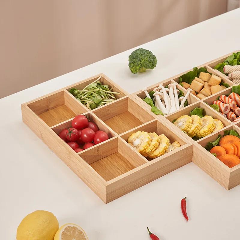 Hot selling Rectangular 6-compartment food tray & square 9 grid wood tableware snack plate sauce platter hot pot restaurant tray