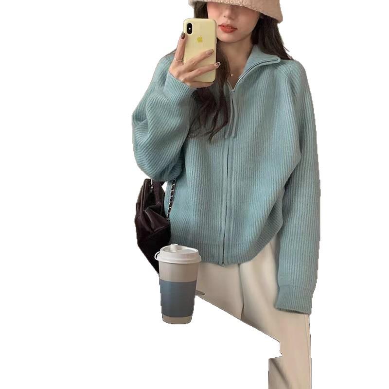 2025 Korean Style Thickened Lapel Zip Sweater Knit Cardigan for Women