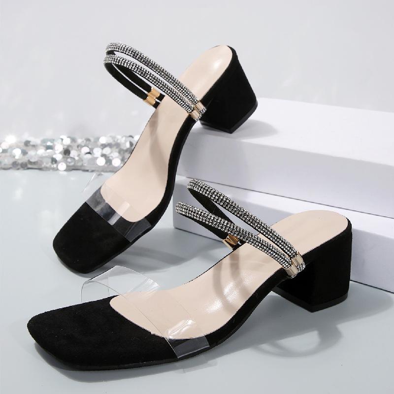 

Модные клоги на танкетке, низкие сандалии, женская кожаная обувь, блочный каблук, лето 2025, большой размер, платформа, низкий каблук, уличные, со стразами 36 чёрный