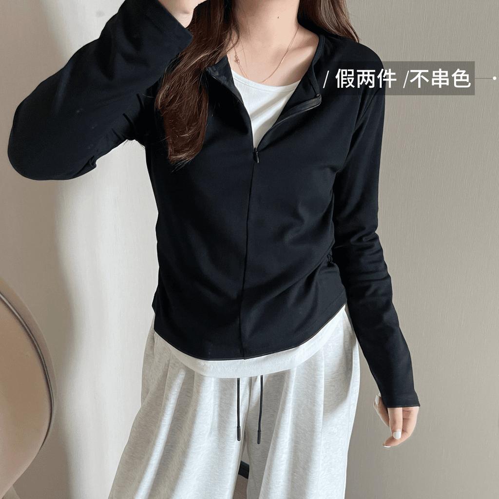 Half Zipper Fake Two-piece T-shirt Women's Top Spring Burgundy Contrasting Splicing Long-sleeved Bottoming Shirt