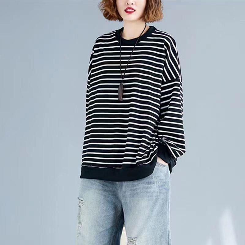 T-shirt for Women Summer Large Size T-shirt Soft Loose Striped Casual Pullover T-shirt Top
