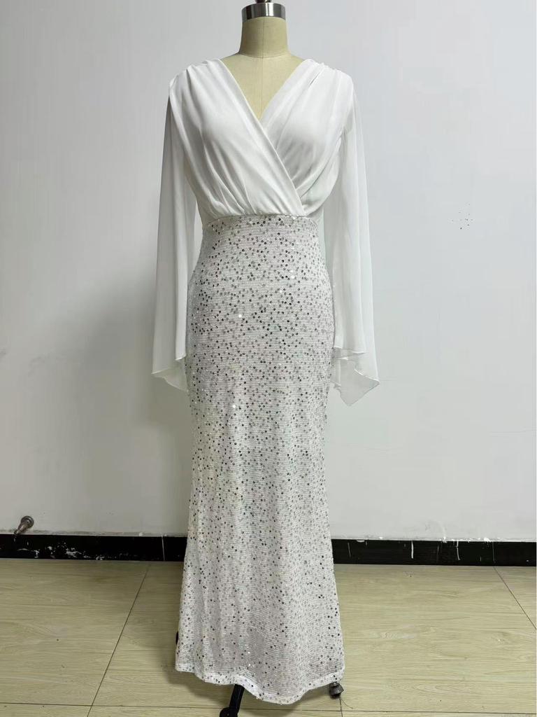 "2025 Elegant V-Neck Chiffon Sequin Spliced Evening Gown"