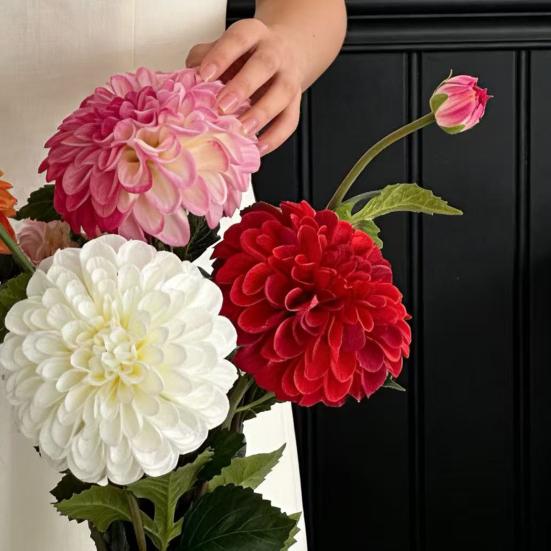Artificial Chrysanthemum Ball Flowers with 1 Head Bloom And 1 Bud Fake Mums Hydrangea Bouquet for DIY Bridal Wedding Bouquet Home Garden Party Office