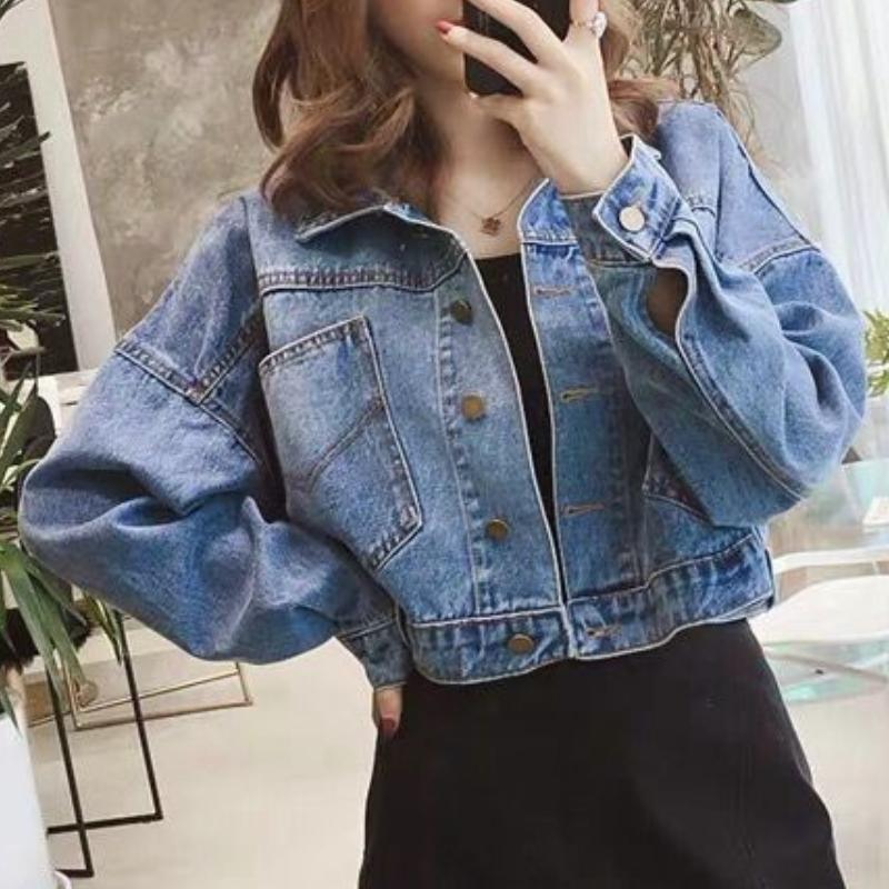 

IHUASU Женская короткая джинсовая куртка Свободная осенняя и зимняя джинсовая одежда Универсальная куртка XL синий