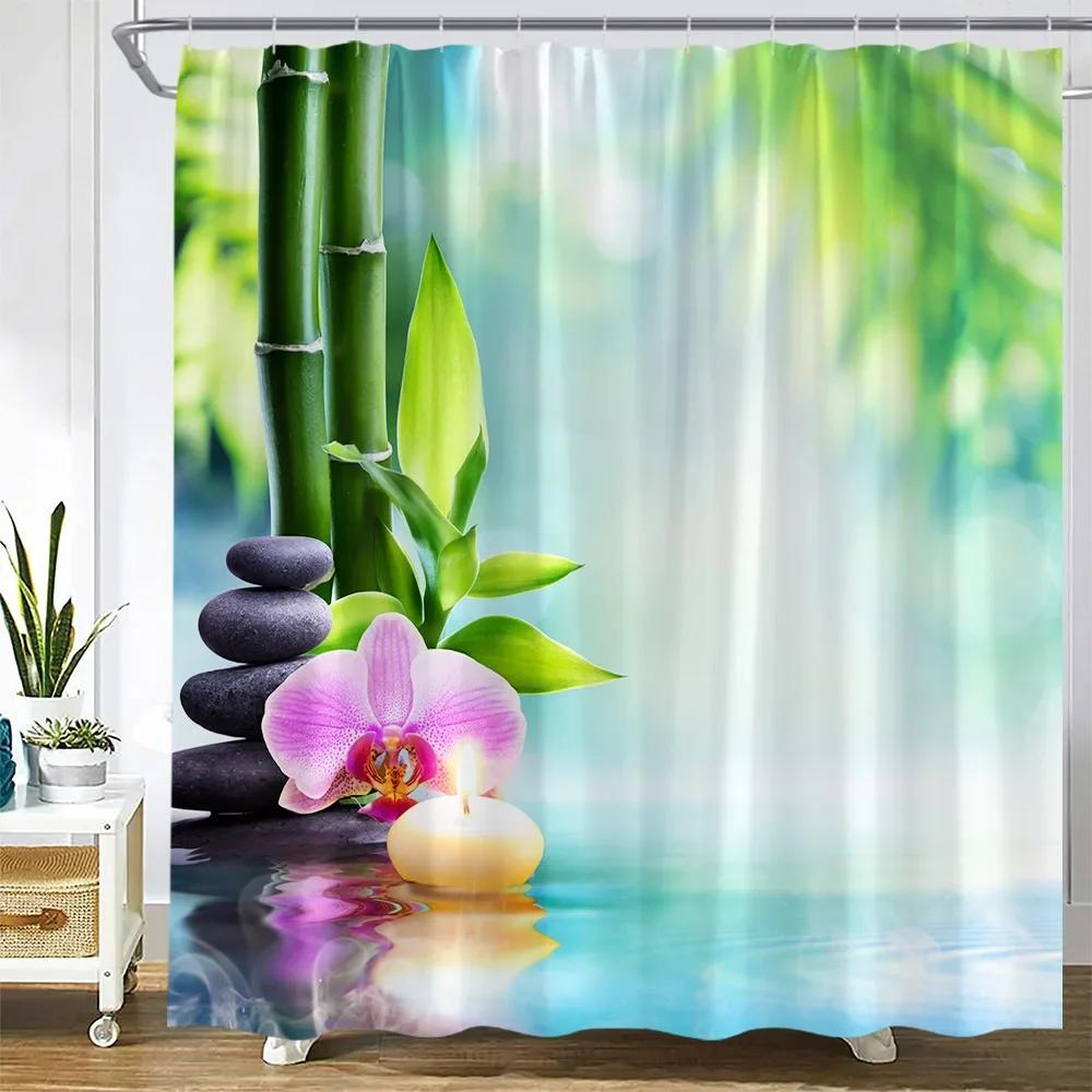 Zen Buddha Green Bamboo Shower Curtain Palm Trees Beach Ocean Flower Plant Nature Landscape Wall Hanging Bathroom Decor Curtains
