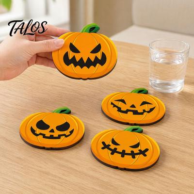 Wooden Pumpkin Coaster, Non-Slip Halloween Table Mat, Heat Insulation Waterproof Coaster, for Holiday Party Home Decor