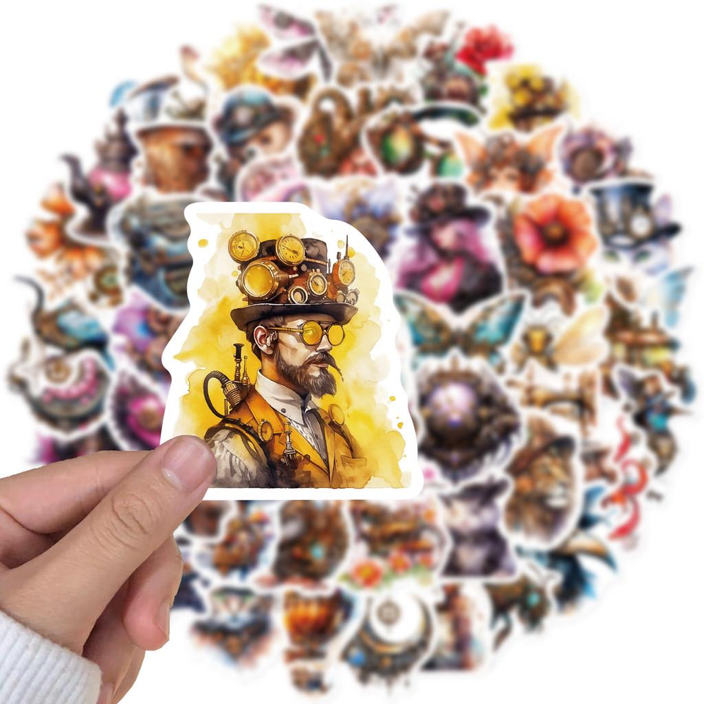 50-Piece Set No Duplicates: Artistic Watercolor Steampunk Stickers - DIY Decor for Bicycle Helmets, Laptops, Backpacks