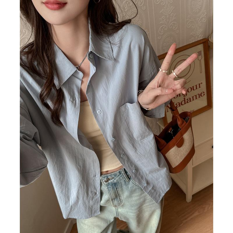 Spring Autumn Polo-neck Solid Casual Fashion Shirt Women Long Sleeve Single Breasted Cotton Blouse Cardigan Top