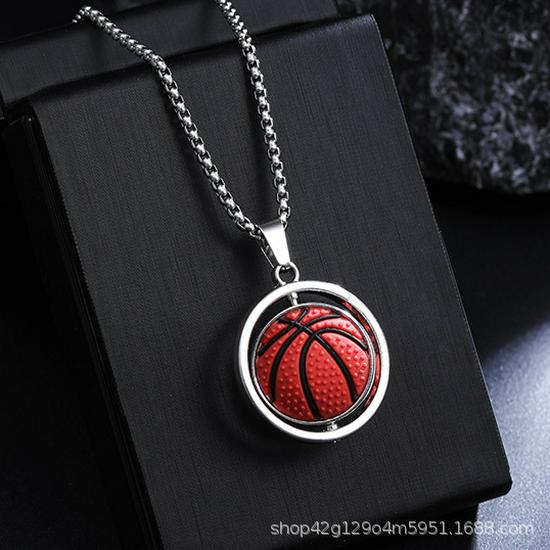 European American Creative Sports Pendant Necklace - Rotating Basketball & Football Design, Titanium Steel Sweater Chain Gift