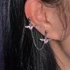 Goth Y2K Pink Crystal Heart Stud Earrings Ear Clip Piercing Wings Cartilage Chain Ear Studs for Women Harajuku Aesthetic Jewelry