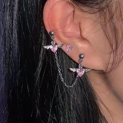 Goth Y2K Pink Crystal Heart Stud Earrings Ear Clip Piercing Wings Cartilage Chain Ear Studs for Women Harajuku Aesthetic Jewelry