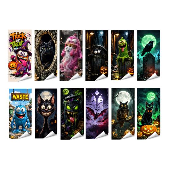 Black Cat Bat Owl Pattern Halloween Trash Can Sticker, Spooky Pumpkin Ghost Wheelie Bin Decal, Easy Apply Mural Waterproof Outdoor Garbage Sticker