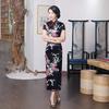 Peacock Print Women Chinese Long Cheongsam Bridesmaid Short Sleeve Evening Dress