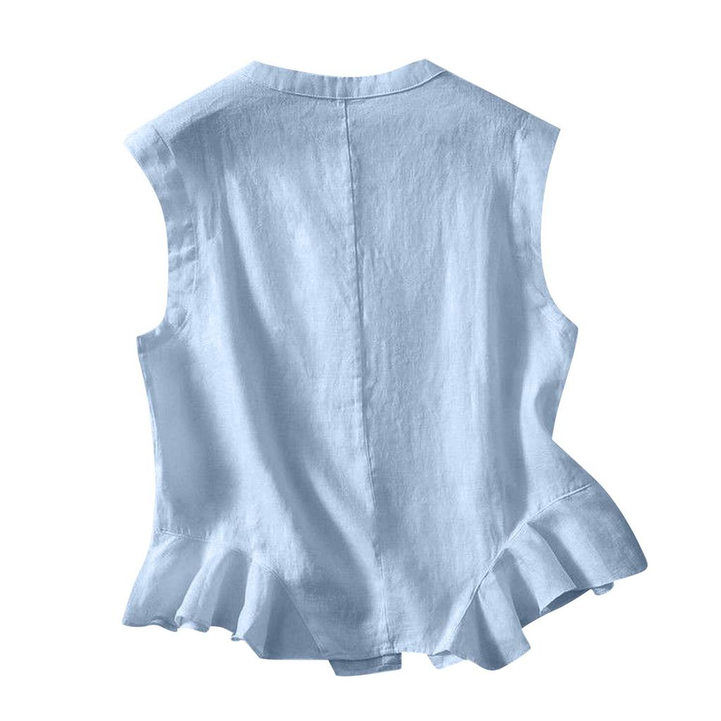 Women's Minimalist Loose Fit Cotton Linen Blend Elegant Tank Top With Ruffled Hem And Button Detail