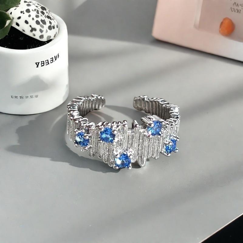 Light Luxury High-End Sea Blue Zir*****Pen Ring Full Of Diamonds Zircon Micro-Inlaid Niche Design Fashion Ring