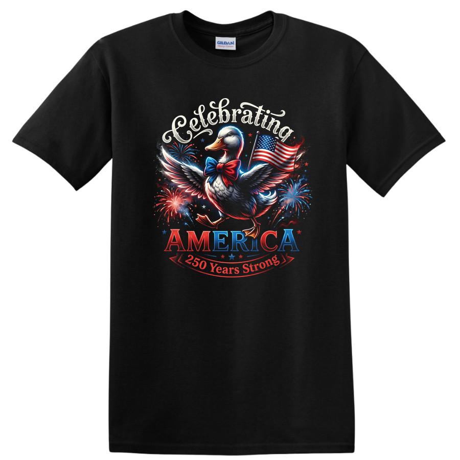 Celebrating America Duck T Shirt 250 Years Strong Patriotic Fireworks Tee L